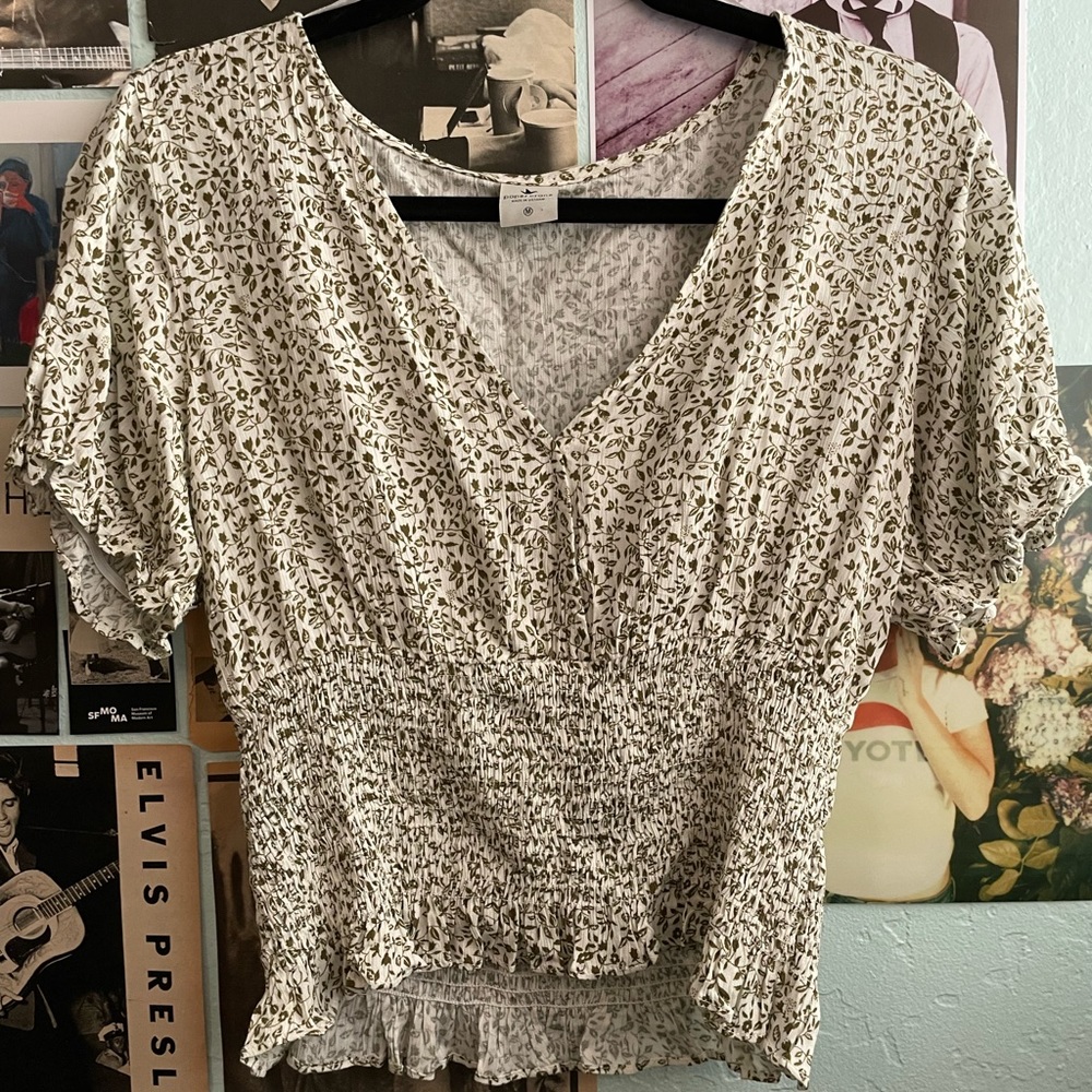 FLORAL WHITE & OLIVE GREEN BLOUSE (SIZE MEDIUM)